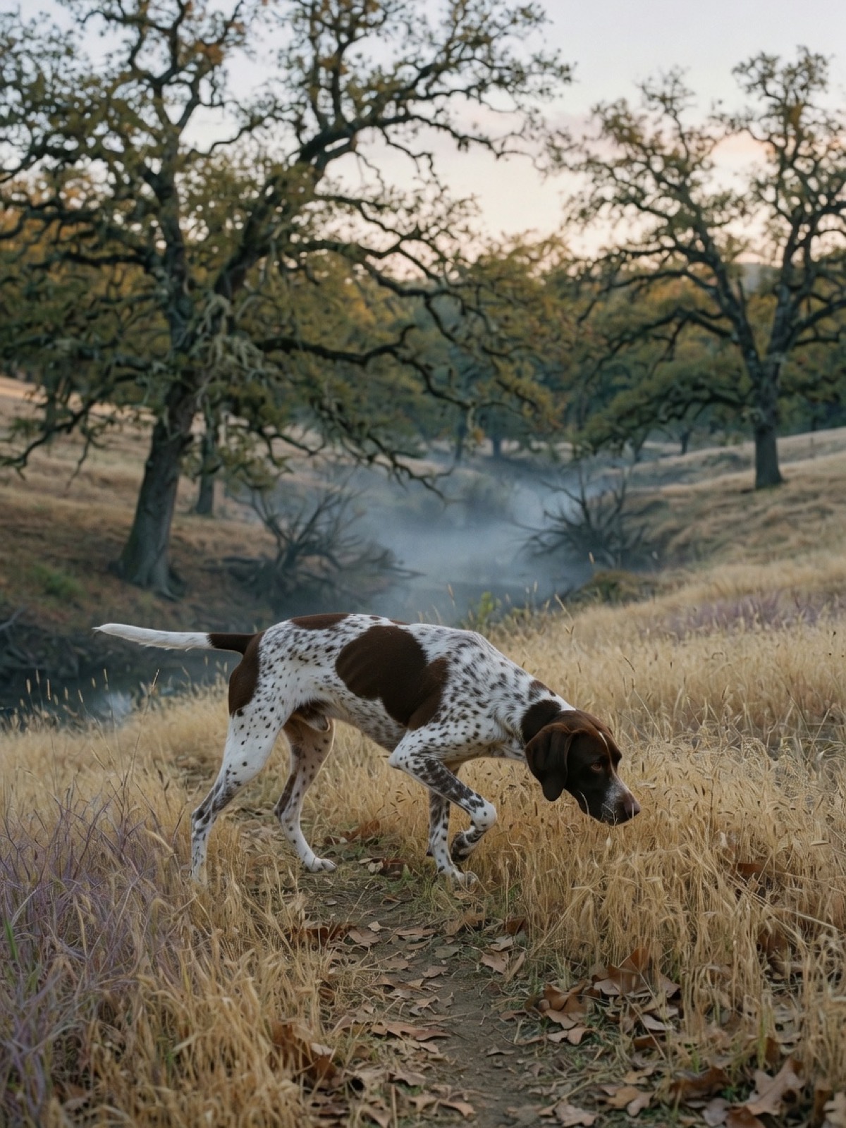 A pointer working oak grass